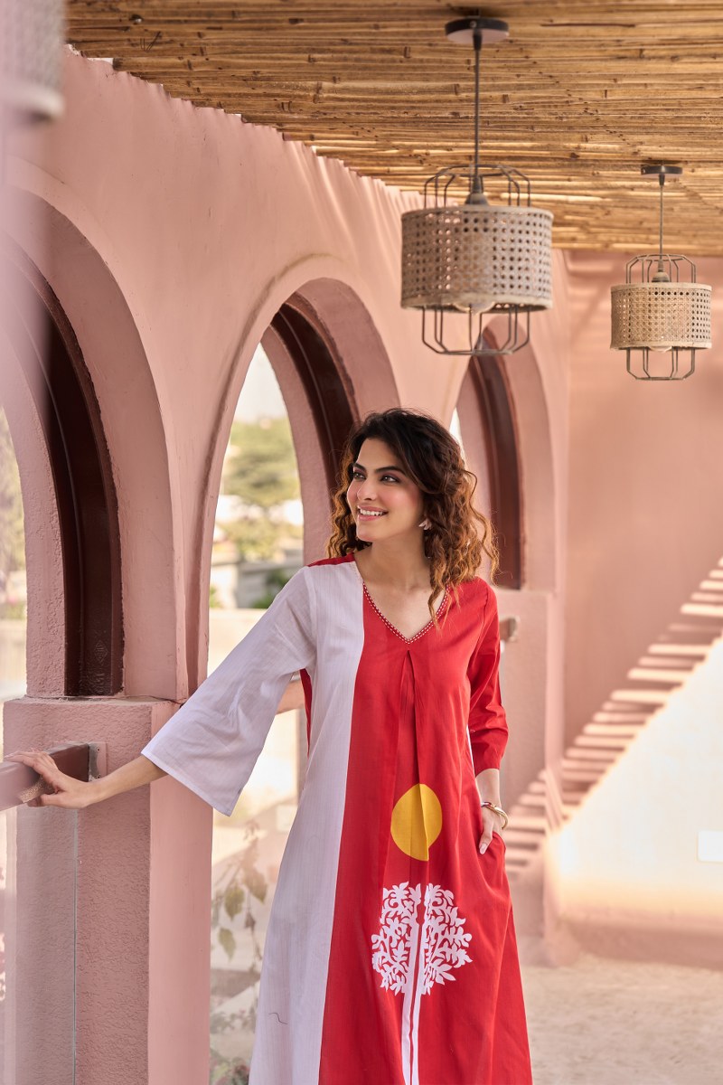 Cotton Flex Kurti Pant Set for Women, Red Printed Straight Kurti with Pant, M to XXL