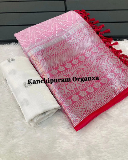 Kanchipuram Organza Saree with Viscose Thread Work and Satin Blouse for Women