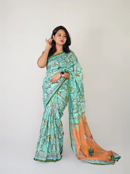 Mul Linen Cotton Saree with Pichwai Print, Tiny Zari Border, Tassel Pallu, and Contrast Blouse
