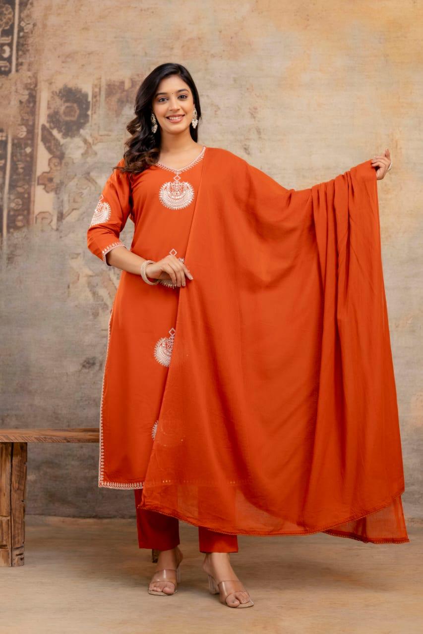 Women’s cotton 60x60 kurta pant dupatta set rust orange, motif detailing, v neck, sizes M-3XL