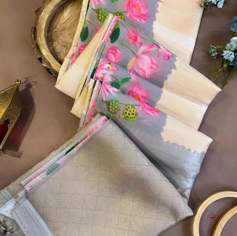 Soft Silk Saree with Pichwai Lotus Print Contrast Border, Rich Zari Pallu, and Blouse Piece