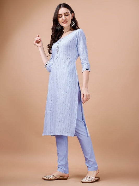 Cotton Blend Sequin Striped Casual Kurti Pant Set for Women – Round Neck, Calf Length