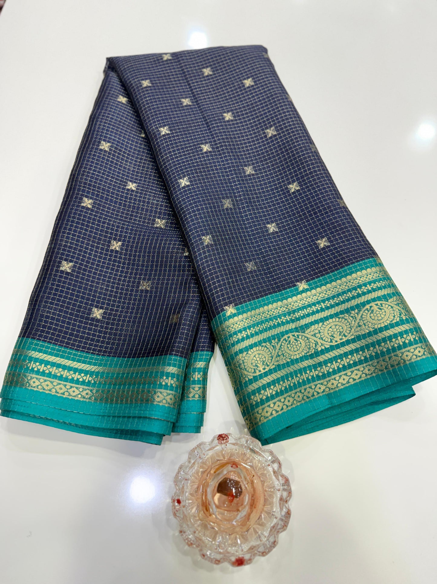 Munga pattu silk blend saree with small buti checks and zari border, women’s festive wear saree