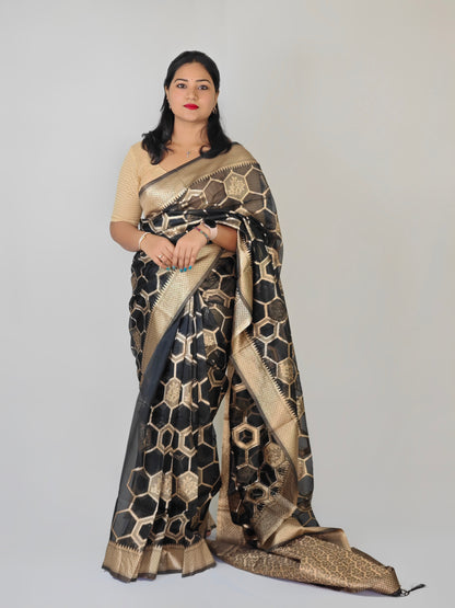 Organza Silk Zari Weaving Saree with Golden Butties, Silver Zari Pallu & Brocade Blouse