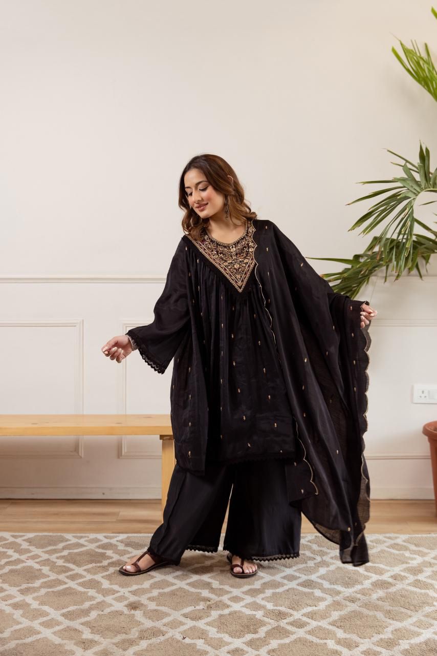 Mul Chanderi Kurta Palazzo Dupatta Set for Women with Embroidery – Festive Wear, Sizes 38–46