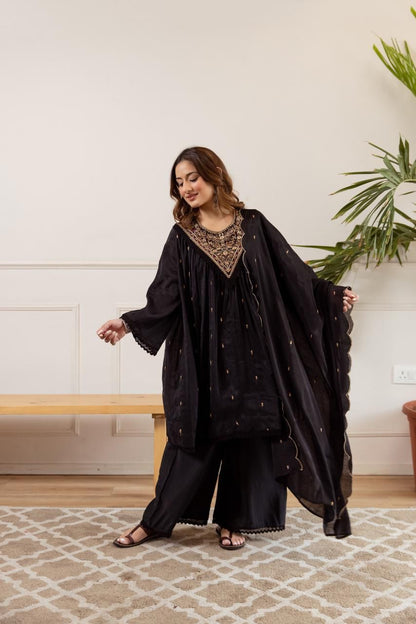 Mul Chanderi Kurta Palazzo Dupatta Set for Women with Embroidery – Festive Wear, Sizes 38–46