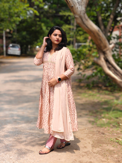 Pink Floral Chanderi Kurta Set with Matching Bottoms & Dupatta – Festive & Semi-Formal Wear