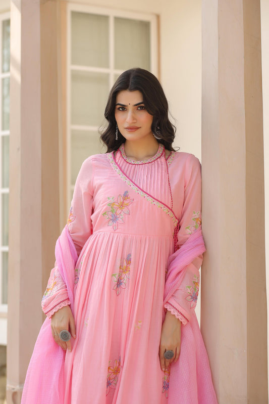 Mul Cotton Embroidered Kurta Pant Dupatta Set Pink