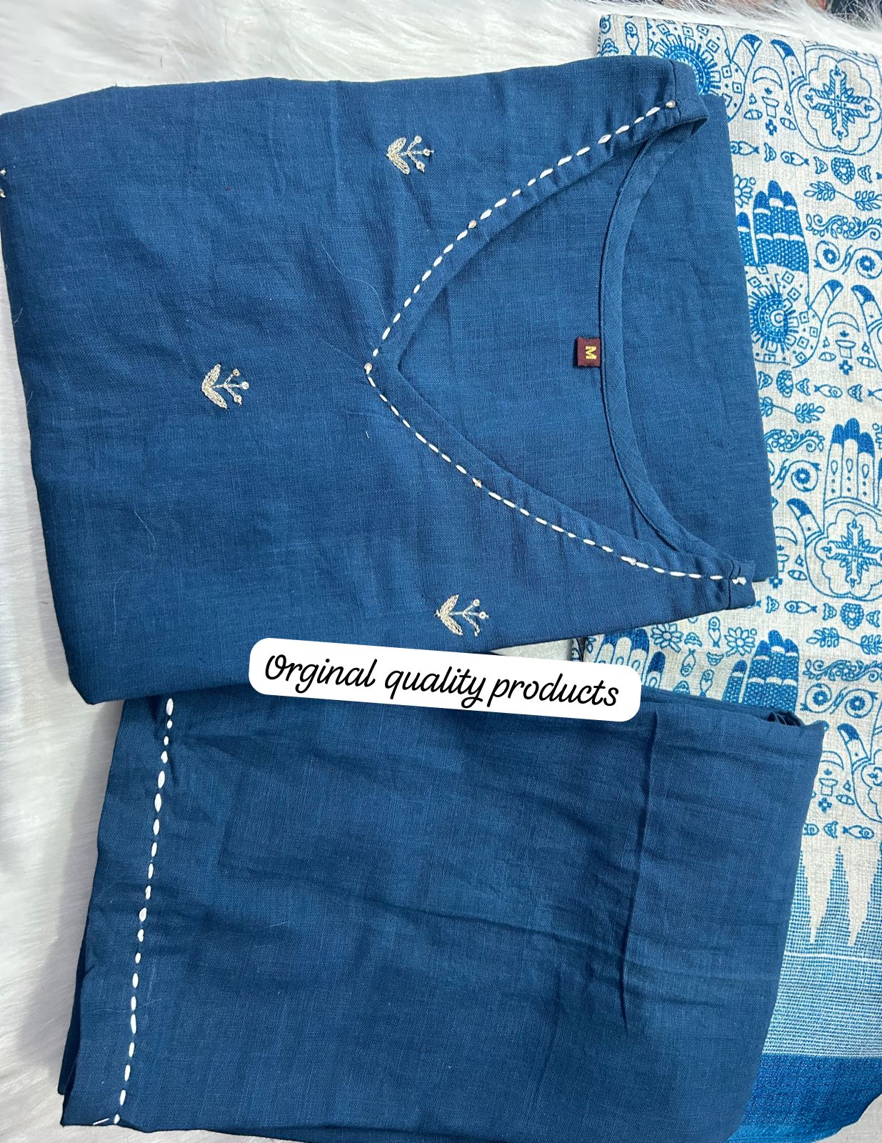 Cotton Slub Kurti with Hand Kantha Work, Pants and Cotton Silk Dupatta – Women’s Ethnic Set