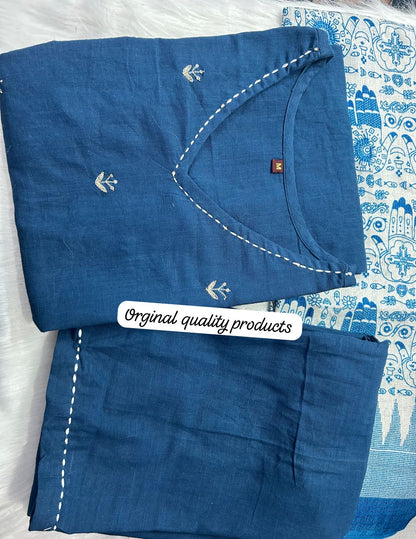Cotton Slub Kurti with Hand Kantha Work, Pants and Cotton Silk Dupatta – Women’s Ethnic Set