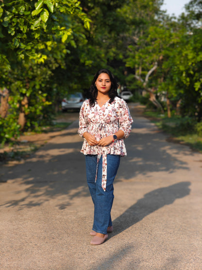 White Georgette Floral Printed Peplum Top for Women – Sizes S to 2XL