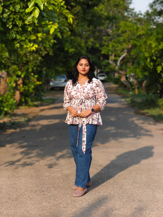 White Georgette Floral Printed Peplum Top for Women – Sizes S to 2XL