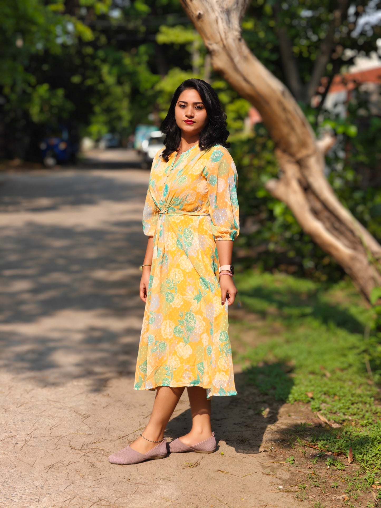 Women’s Yellow Floral Printed Western Midi Dress with Knot Detail – Sizes M to 3XL