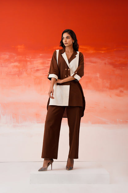 Cotton Co-ord Set for Women, Brown and Cream Colorblock Blazer Style Tunic Top with Pant, 2 Piece Set