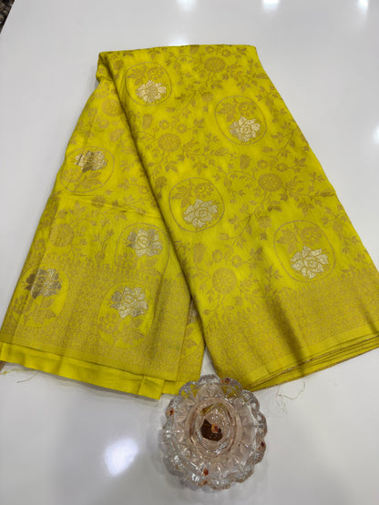 Soft Dola Silk Meenakari Woven Saree with Rich Pallu, Zari Floral Border and Tassels for Women