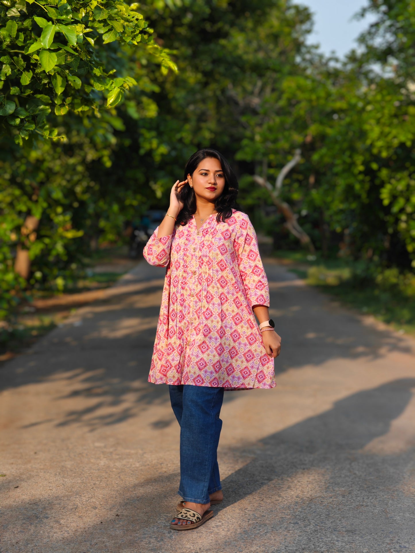 Pink Cotton Ikat Printed Pleated Tunic for Women – Sizes S to 2XL