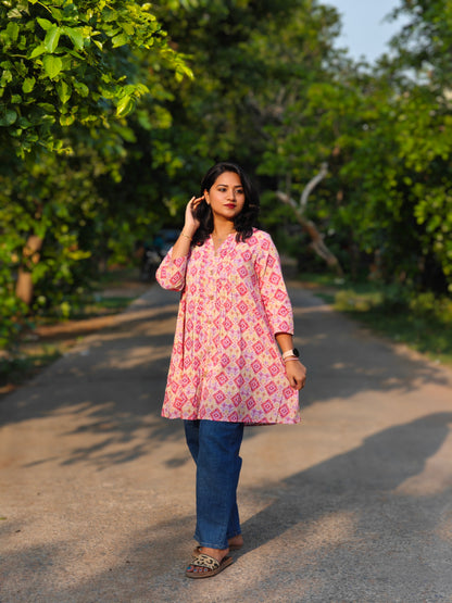 Pink Cotton Ikat Printed Pleated Tunic for Women – Sizes S to 2XL