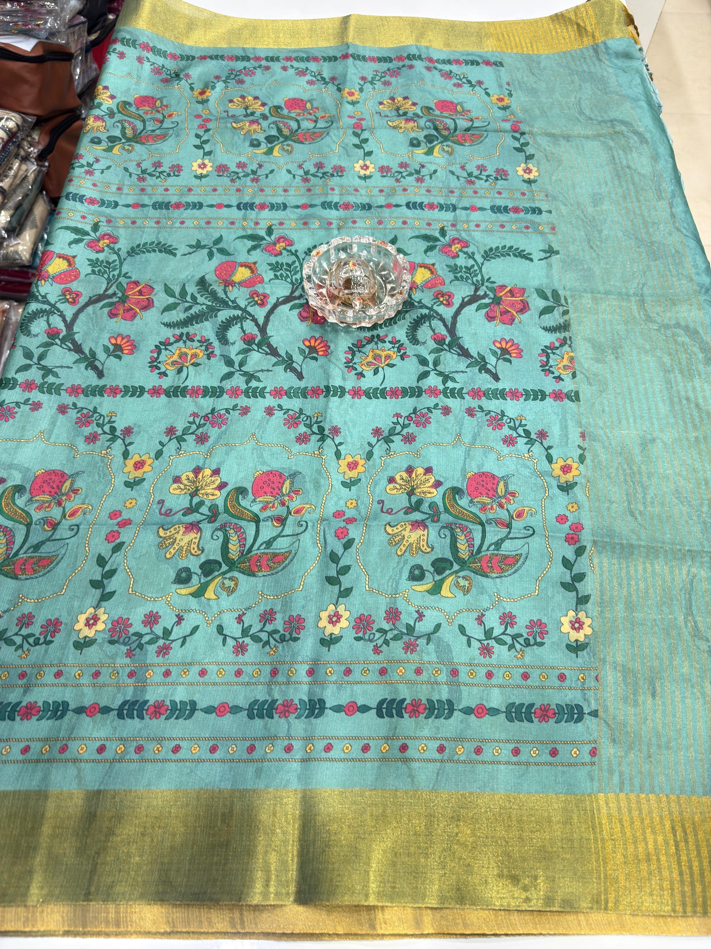 Soft Tussar Silk Printed Saree with Contrast Border, Tassels and Blouse for Women