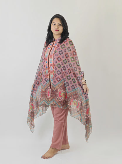 Cape-style printed chiffon top with cotton inner and linen cotton bottom – embroidered women’s festive co-ord set