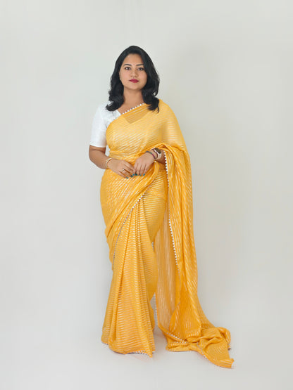 Soft Chiffon Saree with Silver Zari Weaving & Gota Temple Border – Banarasi Silk Blouse Included