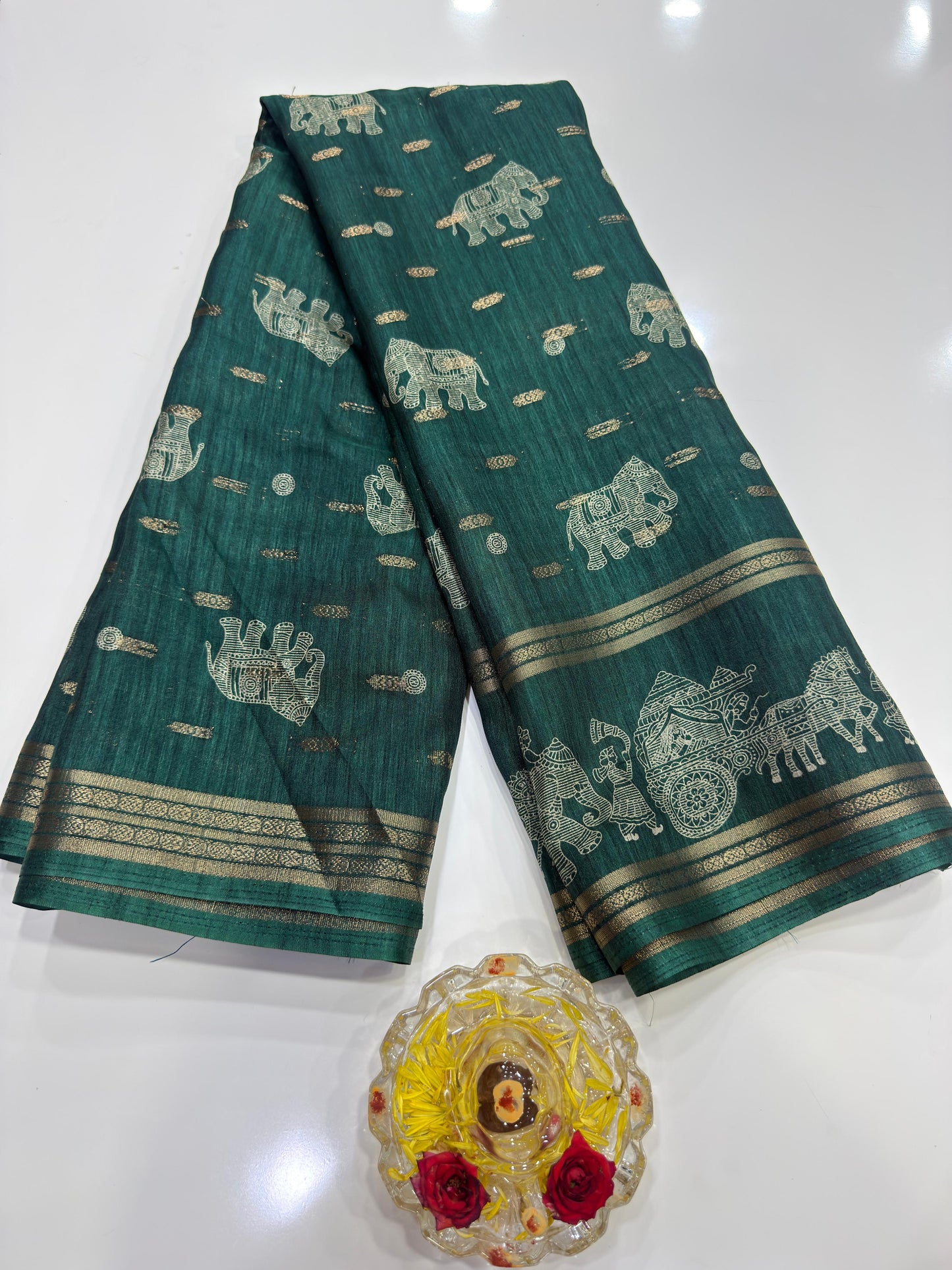 Silk Blend Saree for Women with Elephant Motifs and Traditional Woven Border