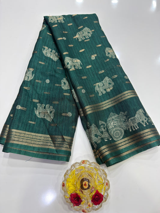 Silk Blend Saree for Women with Elephant Motifs and Traditional Woven Border