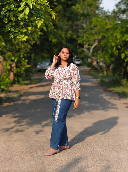 White Georgette Floral Printed Peplum Top for Women – Sizes S to 2XL