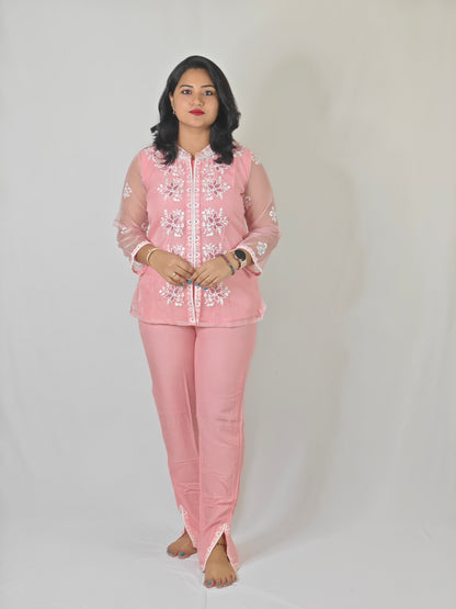 White Thread Embroidered Organza Kurta with Rayon Pant Set for Women