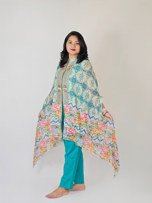 Designer Cape Style Embroidered Viscose Chiffon Top with Linen Cotton Bottom for Women | L to 2XL