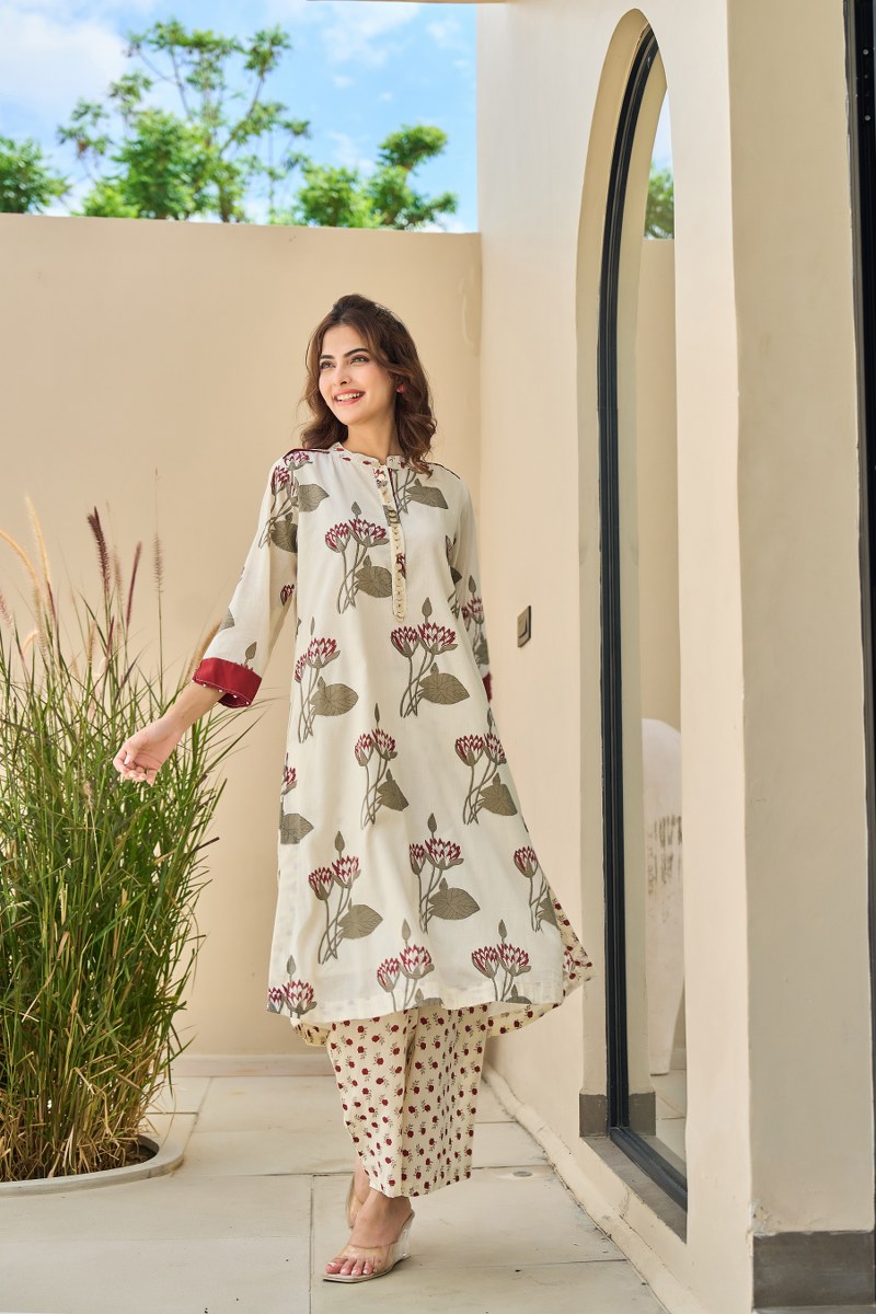 Cotton Kurti Pant Set for Women, Floral Printed Kurta with Straight Pants, M to XXL