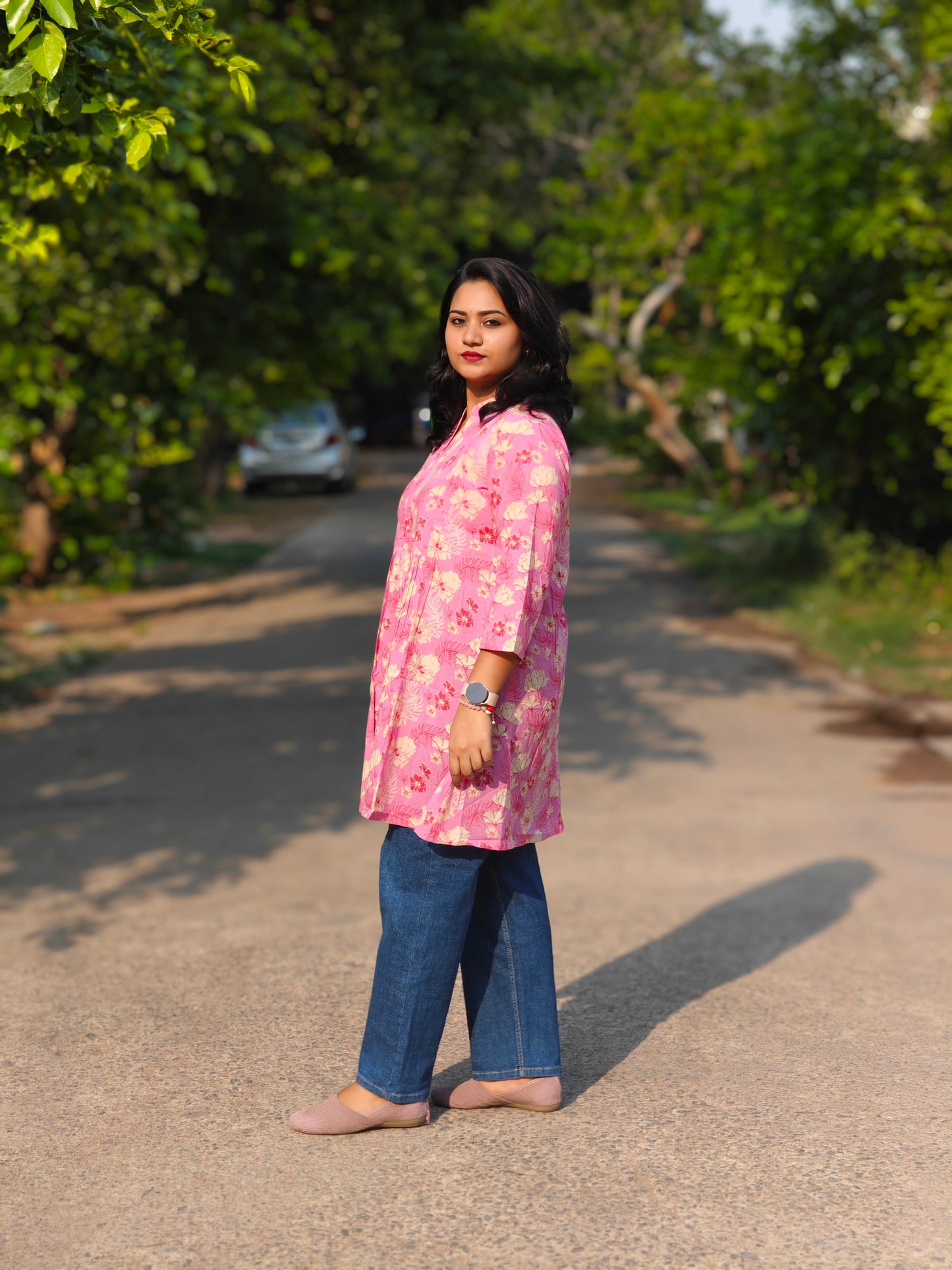 Pink Cotton Floral Printed A-Line Tunic for Women – Sizes S to 3XL