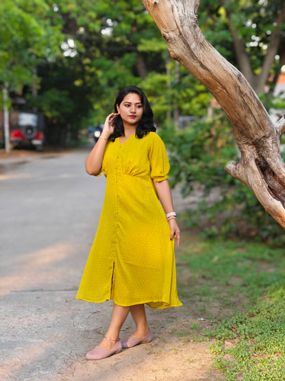 Yellow Chiffon Dobby Partywear Midi Dress with V-Neck and Puff Sleeves – Sizes S to 3XL