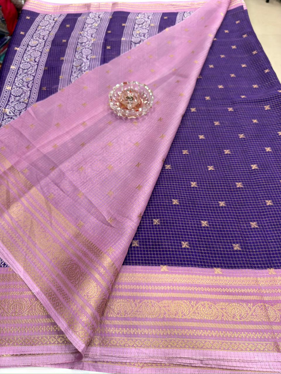 Munga pattu silk blend saree with small buti checks and zari border, women’s festive wear saree