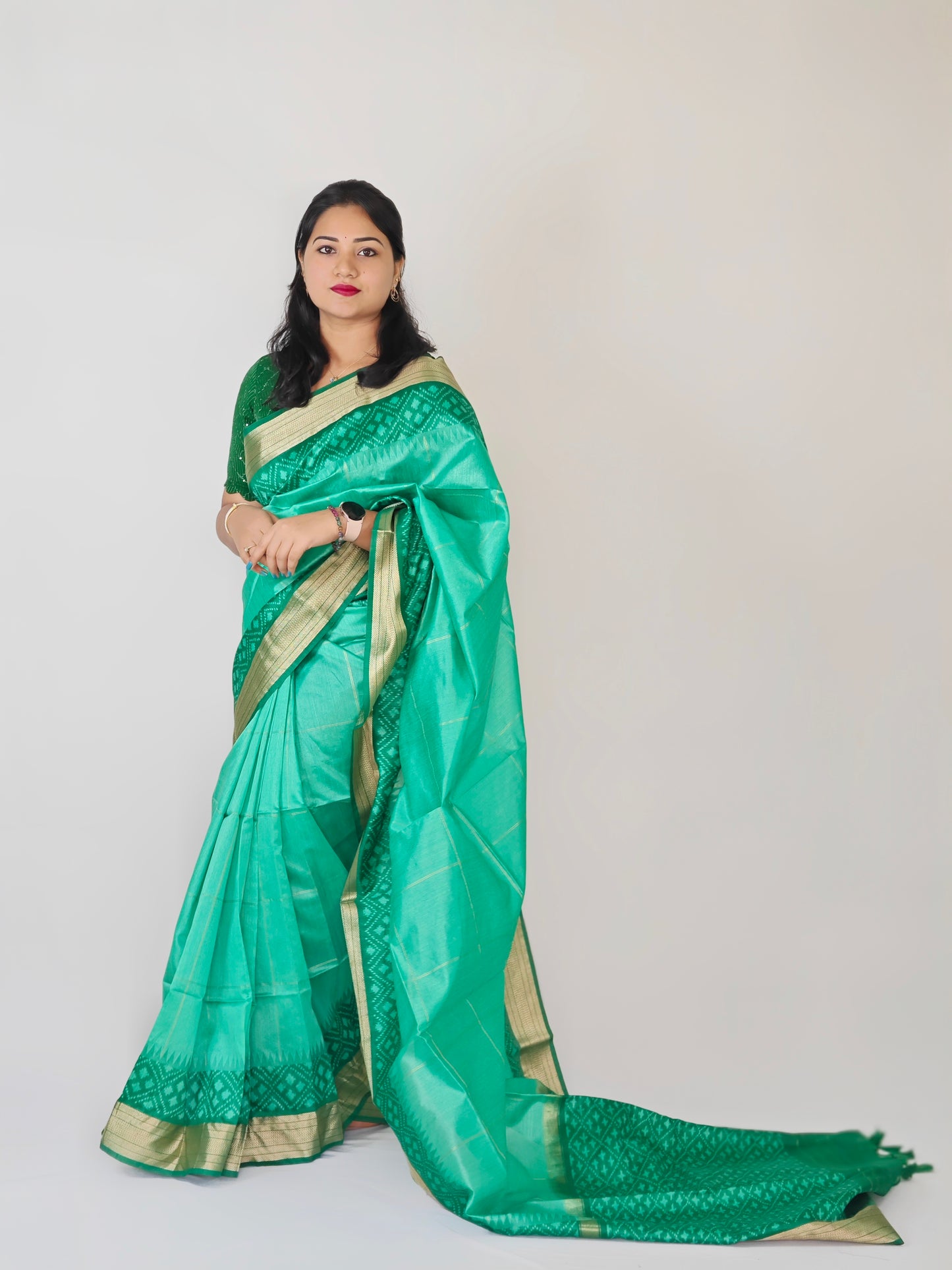 Semi Raw Silk Saree with Body Buti Design, Rich Woven Border and Contrast Blouse for Women