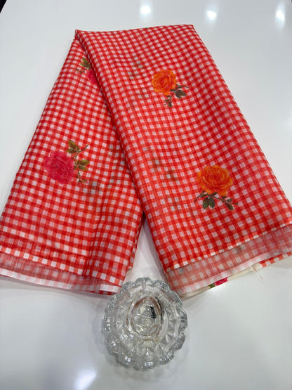 Linen Checks Printed Saree with Rose Floral Design and Matching Blouse for Women