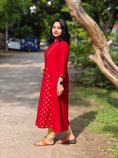 Maroon Poly Crepe A-Line Kurta for Women with Gold Ethnic Motifs – S to 3XL