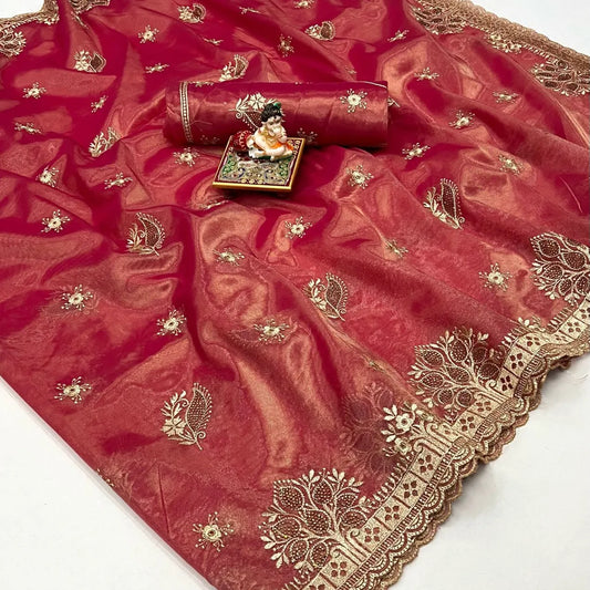 Organza Saree with Intricate Embroidery, Cutwork Detailing and Heavy Silk Blouse – Festive Wear