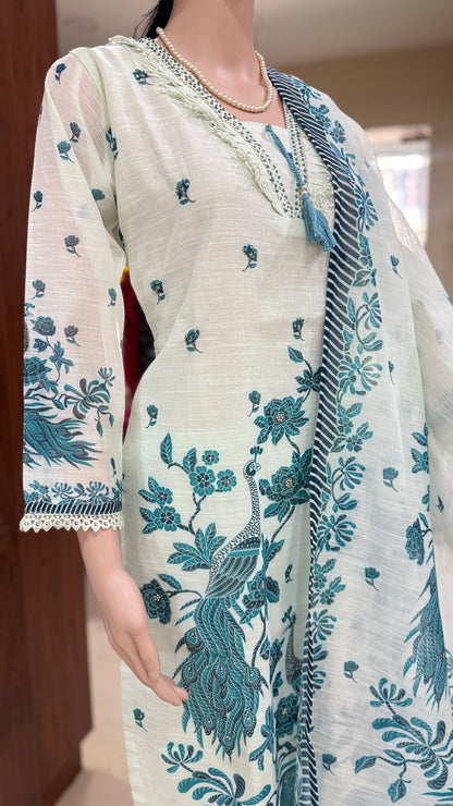Embroidered linen kurta pant dupatta set for women with floral bird print, tassel neck, sizes 38 to 44
