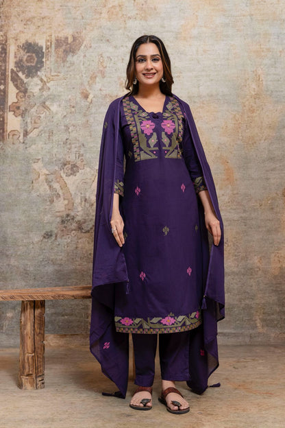 Women's cotton 60x60 straight kurta pant set with dupatta, purple embroidered-look yoke, M–3XL