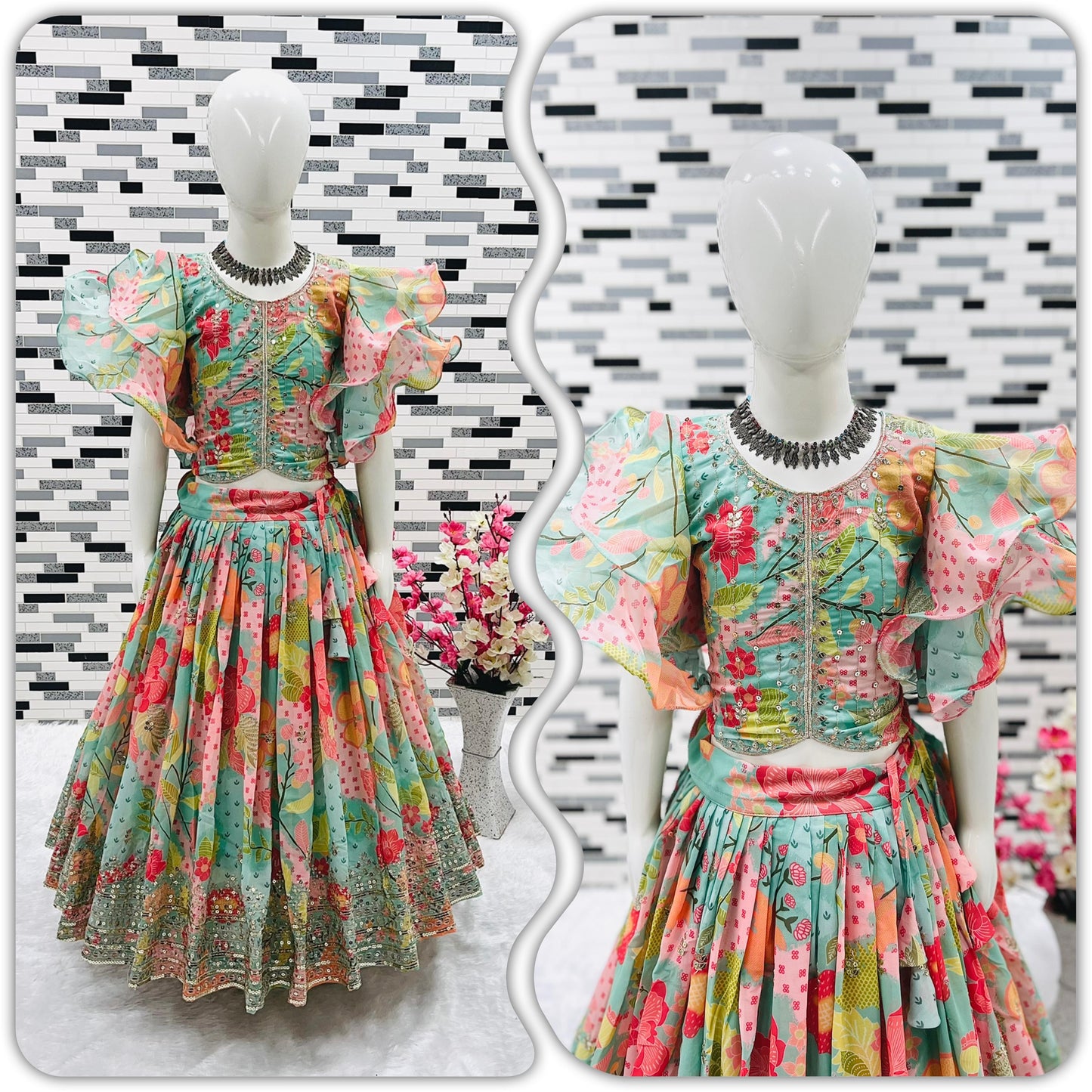 Girls’ Heavy Fox Georgette Lehenga Choli with Digital Print and Sequins Embroidery – Stitched Kids Ethnic Wear