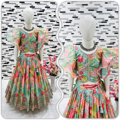 Girls’ Heavy Fox Georgette Lehenga Choli with Digital Print and Sequins Embroidery – Stitched Kids Ethnic Wear