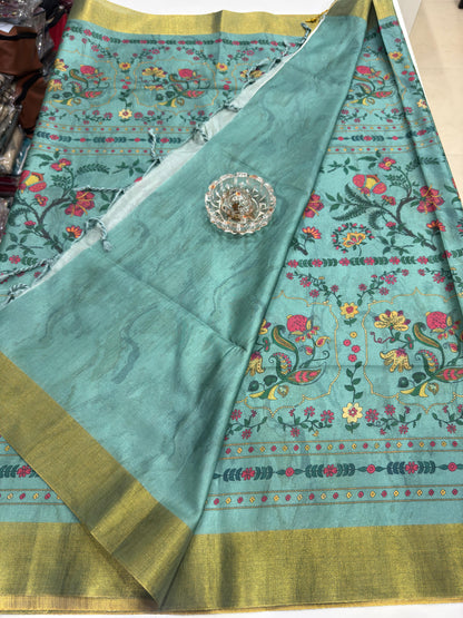 Soft Tussar Silk Printed Saree with Contrast Border, Tassels and Blouse for Women