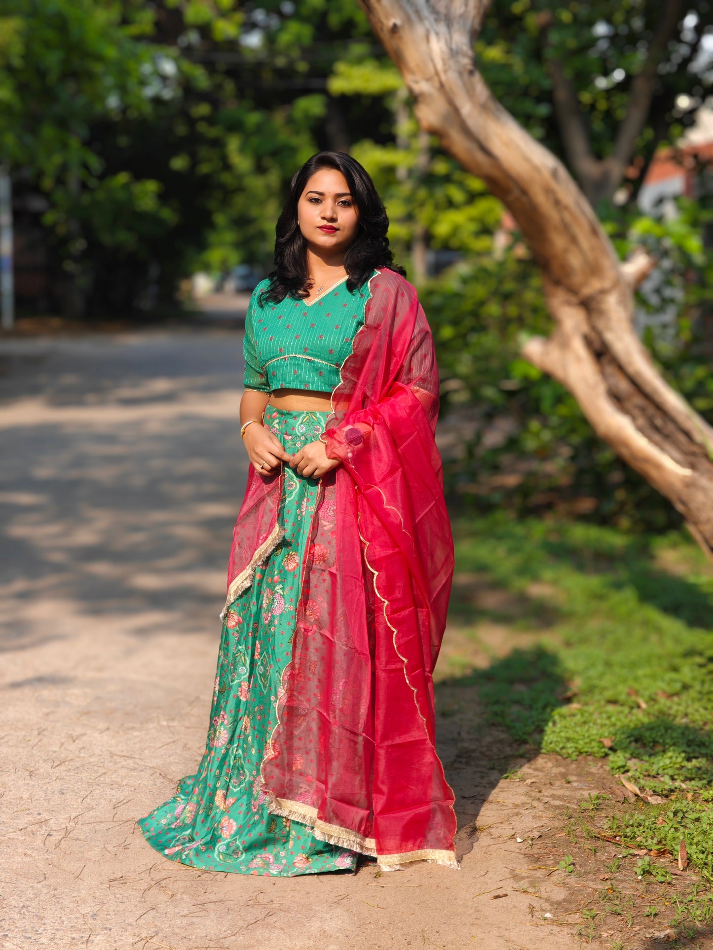 Green Crepe Silk Floral Printed Lehenga Choli with Dupatta for Women – Sizes S to 2XL