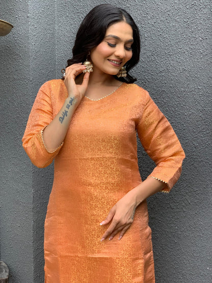 Brocade Banarasi Straight Kurta Pant Set with Organza Dupatta for Women