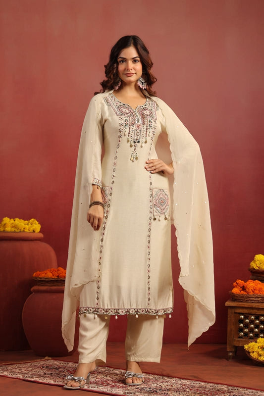 Dola Silk Kurta Pant Dupatta Set with Embroidery Detailing – Women’s Festive Wear (Sizes M–XXL)
