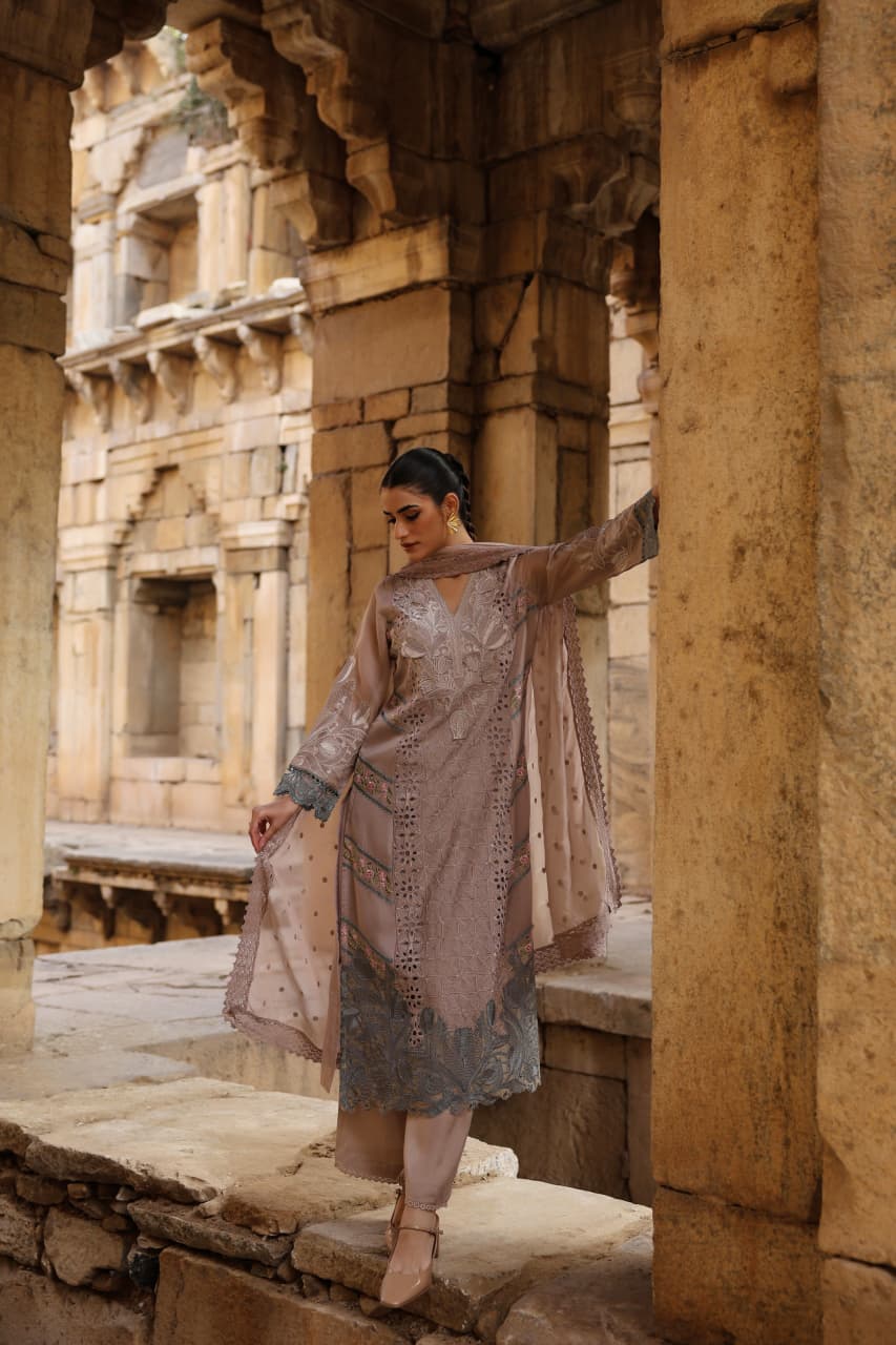 Organza Kurta Pant Dupatta Set for Women with Cutwork and Lace Detailing, V-Neck Ethnic Wear Set