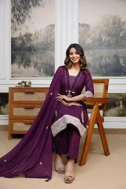 Women’s cotton 60x60 kurta pant dupatta set, wine plum, embroidered yoke with lace border, sizes M-3XL