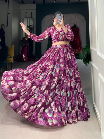 Georgette Chex Floral Print Co-ord Set with Lehenga and Blouse for Women – Stitched