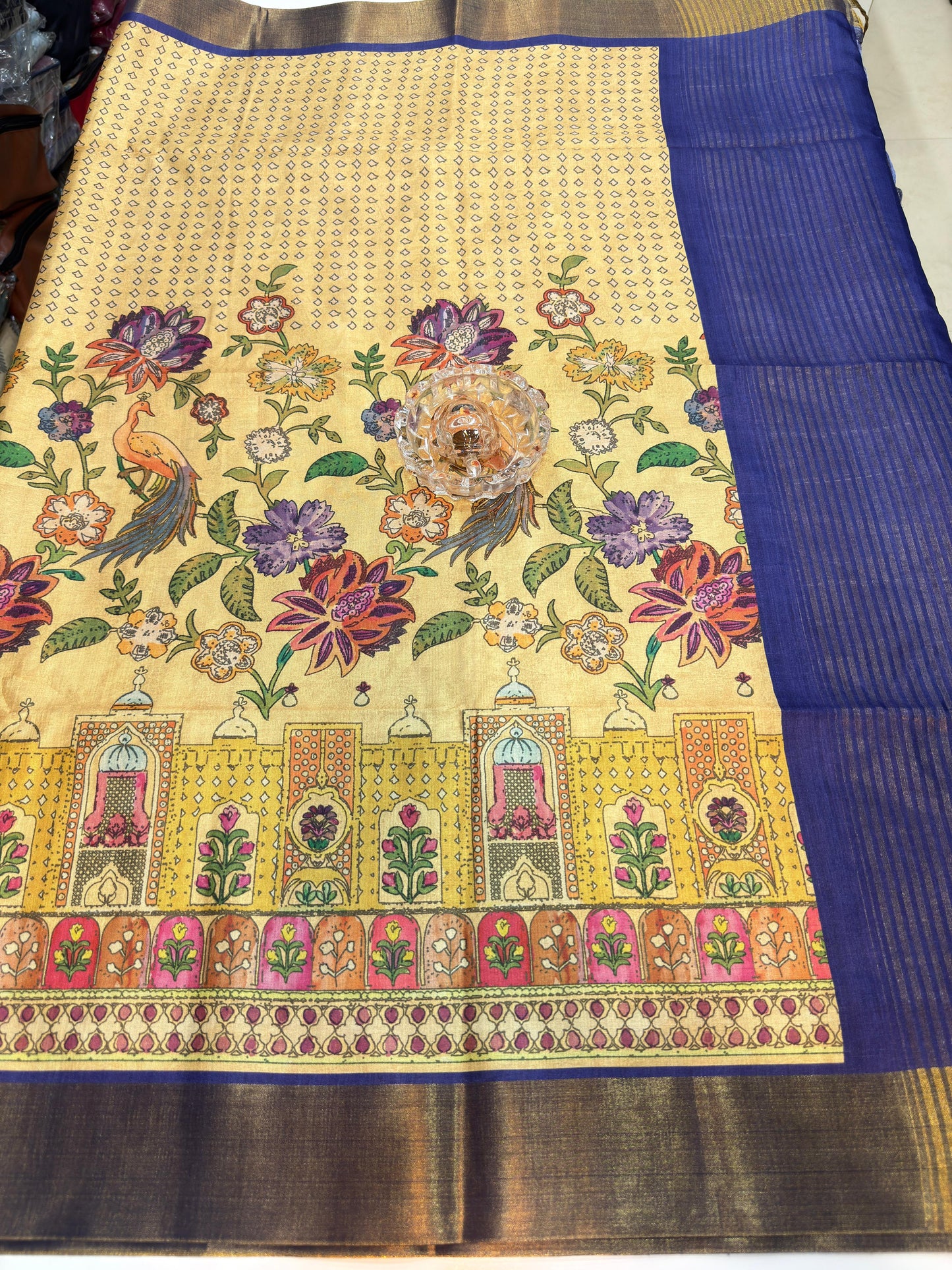 Soft Tussar Silk Printed Saree with Contrast Border, Tassels and Blouse for Women