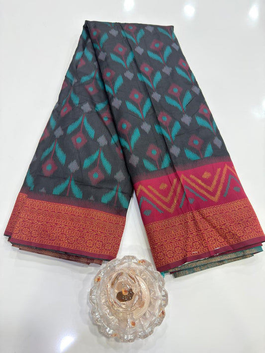 Soft Silk Ikkat Pochampally Saree with Traditional Woven Border and Blouse Piece for Women